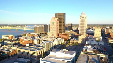 LOUISVILLE, KENTUCKY. - CIRCA 2020s - Aerial establishing shot of the downtown business district of Louisville, Kentucky.