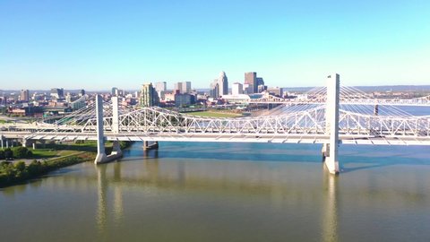 LOUISVILLE, KENTUCKY. - CIRCA 2020s - Aerial over Ohio River bridges with the Louisville, Kentucky downtown skyline distant.