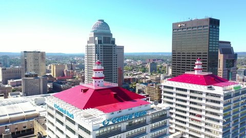 LOUISVILLE, KENTUCKY. - CIRCA 2020s - Aerial lighthouse structures on top of Central Bank building in downtown Louisville Kentucky.