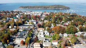 Colorful aerial video of Bar Harbor Maine near Acadia National Park in the autumn