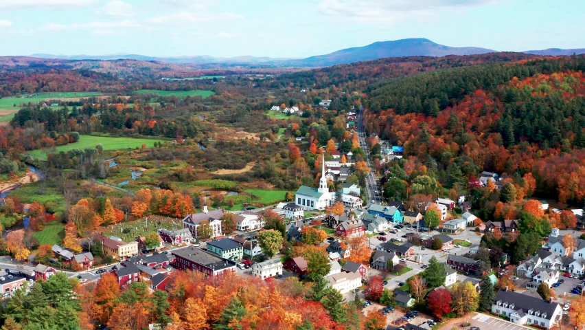Colorful aerial video of Stowe Vermont during the autumn Royalty-Free Stock Footage #1081843979