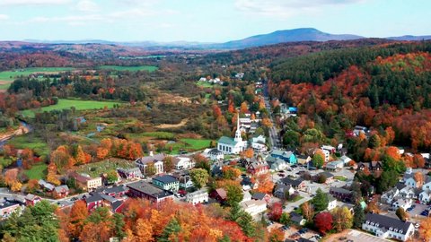 Colorful aerial video of Stowe Vermont during the autumn