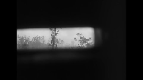 CIRCA 1945 - The periscope view from inside a tank shows another tank firing on a forest on the Ryukyu Islands.