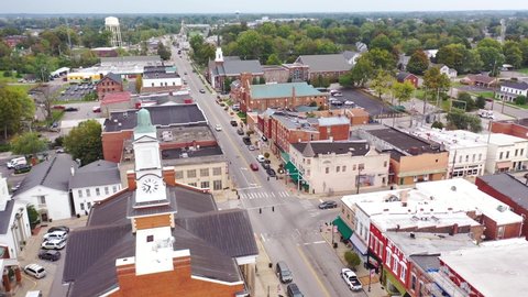 VERSAILLES, KENTUCK - CIRCA 2020s - Aerial over typical American USA small town, Versailles, Kentucky.