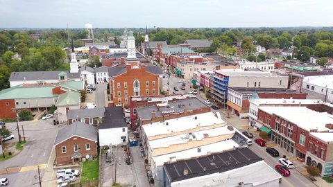 VERSAILLES, KENTUCK - CIRCA 2020s - Aerial over typical American USA small town, Versailles, Kentucky.