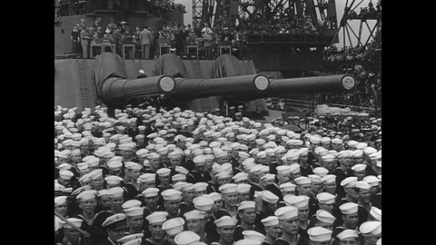 CIRCA 1941 - Mayor Samuel oversees the launching of a US Navy ship in Pennsylvania, Philadelphia with admirals.