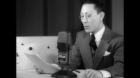 CIRCA 1940s - A Japanese broadcaster declares that Europe must leave the domination of the South Pacific to Japan and its mighty military.