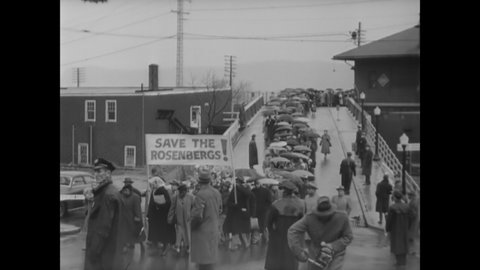 CIRCA 1953 - Demonstrators gather near Sing Sing to protest the Rosenbergs' death penalty.