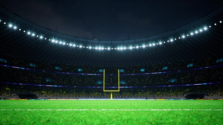 American football night stadium with fans iilluminated by spotlights waiting game