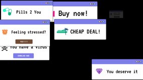 Internet ad popup window. Motion graphic of computer interface windows popping up with advertising deal messages. Computer virus, attention or internet security (hacking) alert frame. - Powered by Shutterstock - Get 15% off with code: PIKWIZARD15