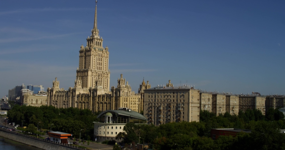 Beautiful aerial view to Moscow city. Moscow, Russia. Aerial panoramic view of the downtown, soviet high-rise buildings. famous moscow city cityscape aerial panorama 4k russia