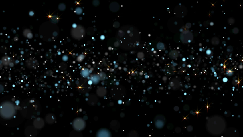 Blue Shiny Particles with Stars on Black Background. Golden Awards Stars. Bokeh Shiny Particles Loop Animation. 