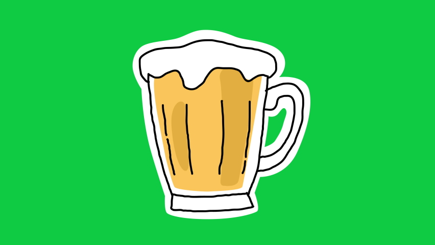 Hand Drawn Colorful Beer Animated Cartoon Sticker. Isolated on Green Screen Background. 4K Ultra HD Seamless Loop Video Motion Graphic Animation.