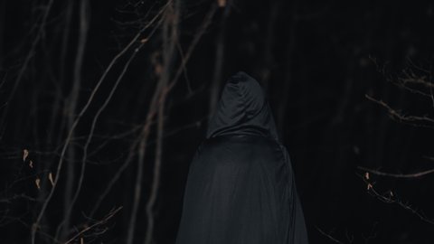 Unrecognizable woman as black witch walks between trees in forest at dark night. Girl in long dress, cape coat. Halloween concept, spooky cosplay dressing up