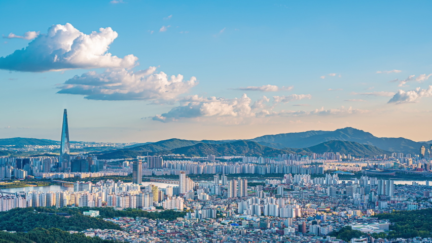 High angle view,Seoul South Korea at daytime with beautiful sky and white clouds moving