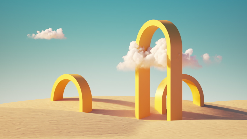 3d animation, Surreal desert landscape with yellow arches and white clouds in the blue sky. Modern minimal abstract background Royalty-Free Stock Footage #1081880420