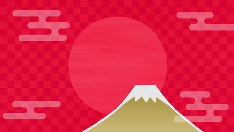 Japanese pattern background of Mt. Fuji, sunrise and clouds (seamless loop, red)