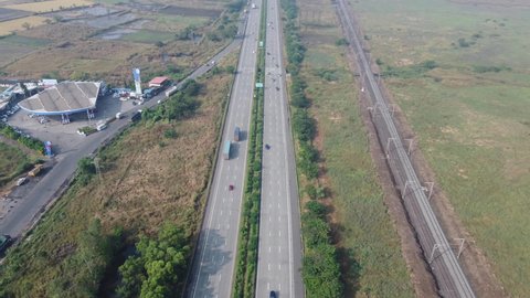 Pune, India - November 05 2021: Aerial footage of the Mumbai-Pune Expressway near Pune India. The Expressway is officially called the Yashvantrao Chavan Expressway.