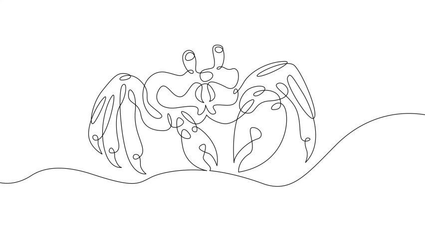 Crab on the seashore.Self drawing simple animation one continuous line.Line art doodle draw hand.Concept cartoon character flat modern minimal illustration.