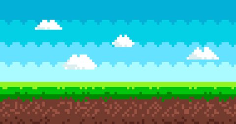 Pixel art game background animation. Vector 8 bit picture with sky, moving clouds, ground and grass. Landscape for game or apps. Gaming controller.