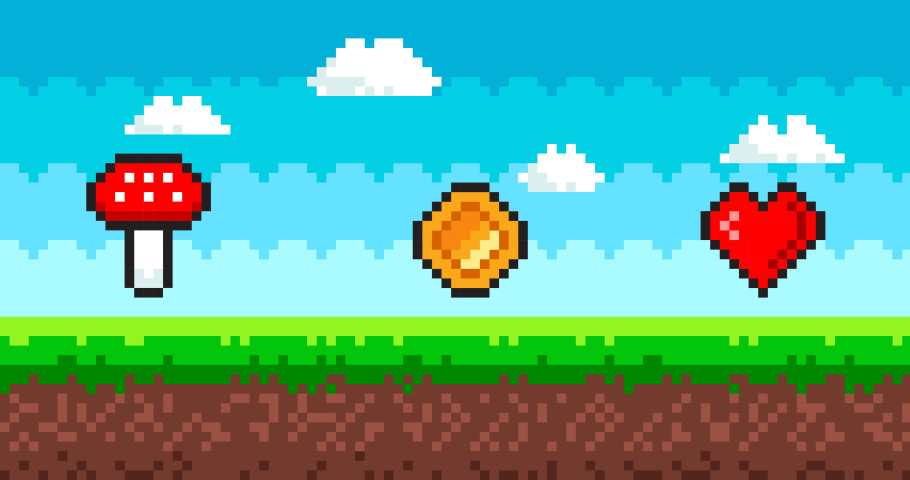 Pixel art game background animation. Vector 8 bit picture with sky, moving clouds, ground and grass. Heart, coin, mushroom icon. Landscape for game or apps. Gaming controller. Royalty-Free Stock Footage #1081888832
