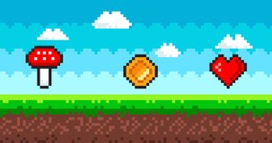 Pixel art game background animation. Vector 8 bit picture with sky, moving clouds, ground and grass. Heart, coin, mushroom icon. Landscape for game or apps. Gaming controller.