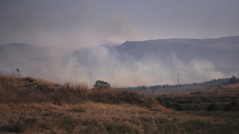 Smoke rising above the field that is burning due to the heat wave. Global warming, climate change concept.