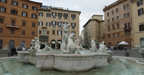 Fountain of Neptune in Piazza Navona Rome Italy. Slow motion 50fps 4k