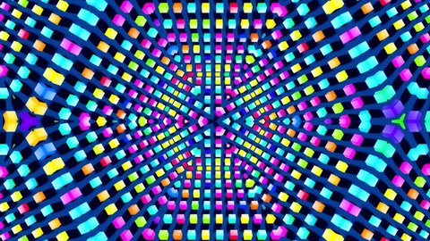 4k abstract looped background with symmetrical structures like kaleidoscope with lighting bulbs, multicolor neon lights. Vj loop for beat music, festive show or holiday events, festivals or concerts