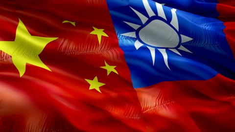 China and Taiwan Flag Wave Loop waving in wind. Realistic Chinese vs Taiwanese Flag background. Taiwan Flag Looping Closeup Video sign waving. China and Taiwanese cricket live match Slow Motion video 