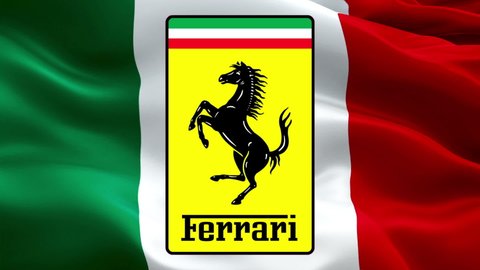 Ferrari logo Video. Ferrari logo on Italian background. 3d Italian car brand Ferrari Slow Motion video. Car industry background. Ferrari 1080p Full HD video Loop Close Up - New York, 4 July 2021
