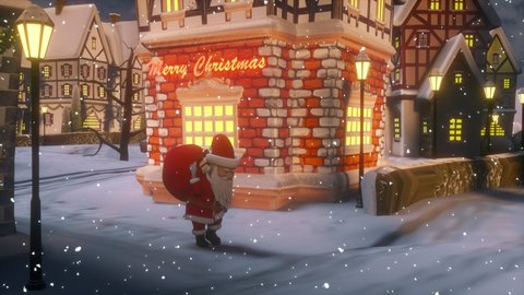 Santa Claus carries a bag with gifts. Merry Christmas and Happy New Year 2022 animation. View of a small town or village on a winter night at Christmas