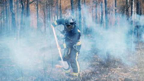 Firefighter, fireman, forest fire concept. A fireman is shoveling burnt woods