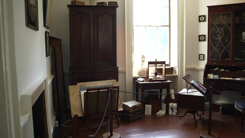 Charlottesville, VA, USA - 10 03 2021: Panning across the study in Thomas Jefferson home, Monticello in Charlottesville, Virginia.