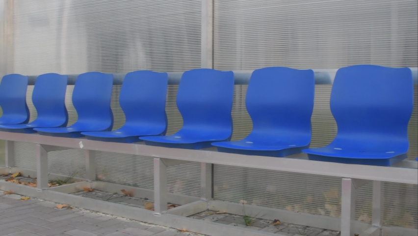 Abandoned beagle dog waiting for owner. Football stadium in autumn. Panoramic view on benches for substitutes. Concept of finished football season