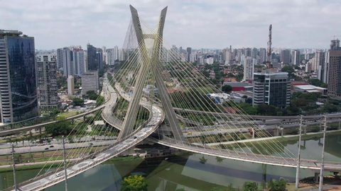 São Paulo, Brazil - 10, 2021: Estaiada's bridge aerial view in Marginal Pinheiros, São Paulo, Brazil. Business center. Financial Center. Famous cable stayed (Ponte Estaiada) bridge