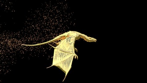 Golden Dragon flying and waving his wings, emitting gold dust. Production Quality footage in ProRes 4444 codec with alpha channel, 30 FPS. Seamless Loop.