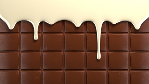 Condensed milk drips on chocolate bar. Viscous white liquid flowing down the surface in streams, melting drops forming streaks.