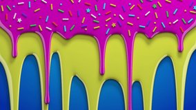 Pink with colored confectionery sprinkles and yellow paint drips on blue. Viscous liquid flowing down the surface in streams, melting drops forming streaks. 3D animation. - Powered by Shutterstock - Get 15% off with code: PIKWIZARD15