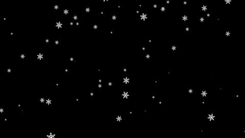 Falling shaped snowflakes on a black background. Motion graphic video animation.