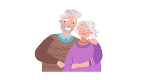 Elderly family concept. Cute moving man and woman smile and hug each other. Adult loving couple. Grandma and grandpa. Happy dynamic characters. Retired people. Graphic colorful animated cartoon