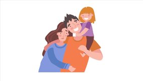 Happy Family concept. Moving young man and woman hug their little daughter. Smiling couple with child. Videos with dynamic pop up characters. Caring attentive parents. Graphic animated cartoon