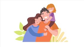 Happy Family concept. Moving young man and woman hug their little daughter. Smiling couple with child. Videos with dynamic pop up characters. Caring attentive parents. Graphic animated cartoon