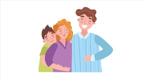 Happy Family concept. Moving loving parents together with little son. Young man and woman hug cute child and each other. Dynamic husband and wife smiling. Graphic contemporary animated cartoon