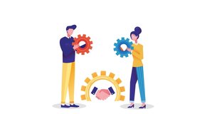 Business partners concept. Man and woman hold cog and develop strategy for achieving goals together. Teamwork of employees. Pop up elements. Handshake of entrepreneurs. Graphic animated cartoon
