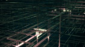 Computer communication abstract network. Transmission of sensitive digital data. Geometric tech grid glowing blurred 3D background. 4K UHD video loop animation.