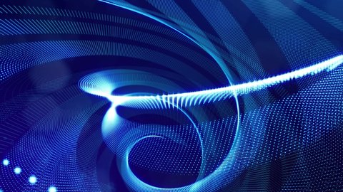 blue high tech bg with glow particles form complex spiral structure. 3d looped sci-fi bg digital space, particles form lines and surface waves. Concept of hi-tech information flow, blockchain. DOF