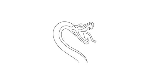 Animated self drawing of continuous line draw venomous snake for reptile animal lover club logo. Deadly king cobra concept for dangerous snake lover group icon. Full length single line animation.
