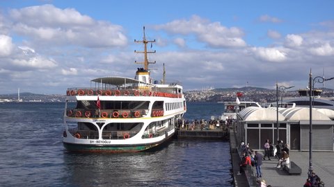 Istanbul Eminonu pier, passengers get off the ferry. Turkey Istanbul September 2021