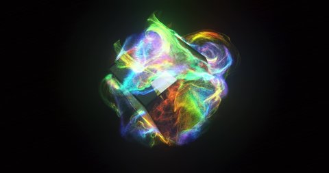 Abstract glass cube and colorful iridescent particle flow. rotation of a cube and fluid dynamic. reflection and refraction. 4K loop. 3D rendering